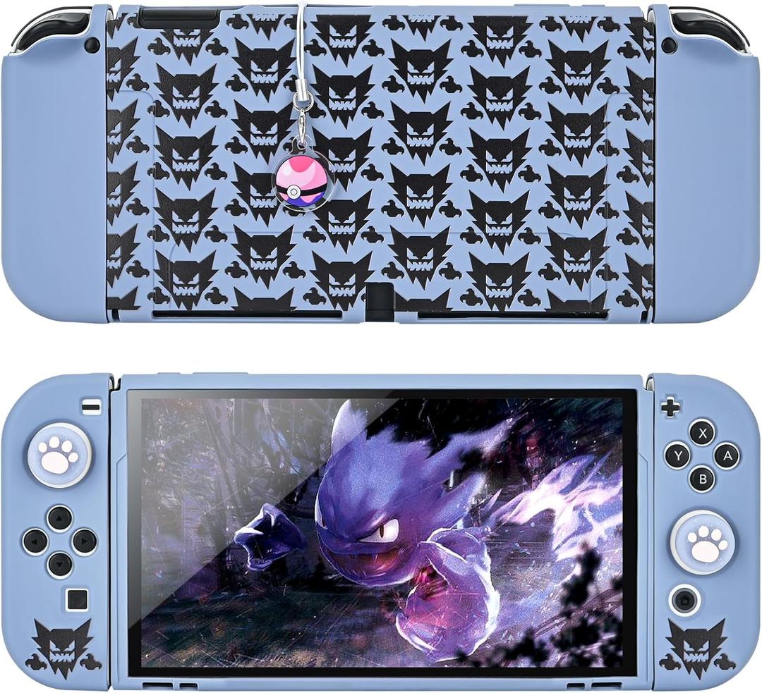 DLseego Dockable Case Design for Switch OLED, Anti-Slip Shock-Absorption Protective Soft Carrying Case and Joy Con Controller with 1 PC Elf Ball Pendant and 2 Thumb Grip Caps-Gray Animal Monster