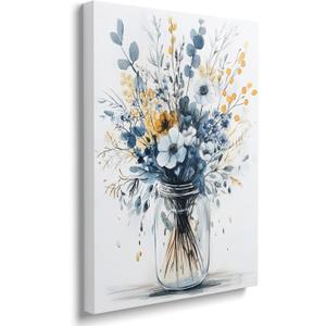Framed Navy Blue Prints Vintage Daisy Floral Picture Wall Decor Gift Modern Poster Retro Simple Rustic Flower Canvas Wall Art Wildflower Painting for Living Room Bathroom Artwork (24"x36")