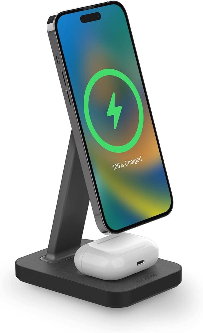 mophie Snap+ 2-in-1Charge Stand & Pad - 15w Wireless Charger Compatible with iPhones & AirPods, Includes Snap+ Adapter for Other Qi Enabled Phones, Steel Base, Adjustable Angles