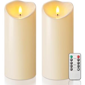 Homemory 4"x9" Outdoor Waterproof Flameless Candles with Timers and Remote Control, Battery Operated Candles, LED Plastic Candles, Dark Ivory, Set of 2