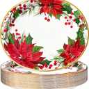 Homlouue 50 PCS Christmas Oval Paper Plates, 12" x 10" Christmas Plates Disposable, Poinsettia Themed Holiday Paper Plate, Heavy Duty Party Plate for Holiday Dinner Gathering Xmas Party Decoration