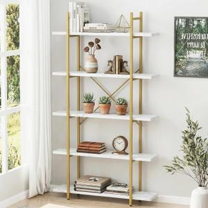 5 Tiers Bookshelf Organizer White Faux Marble Shelf,Modern Open Display Storage Bookcase, and Metal Bookshelf Standing Storage Shelf Tall Shelving Units for Home Office Study