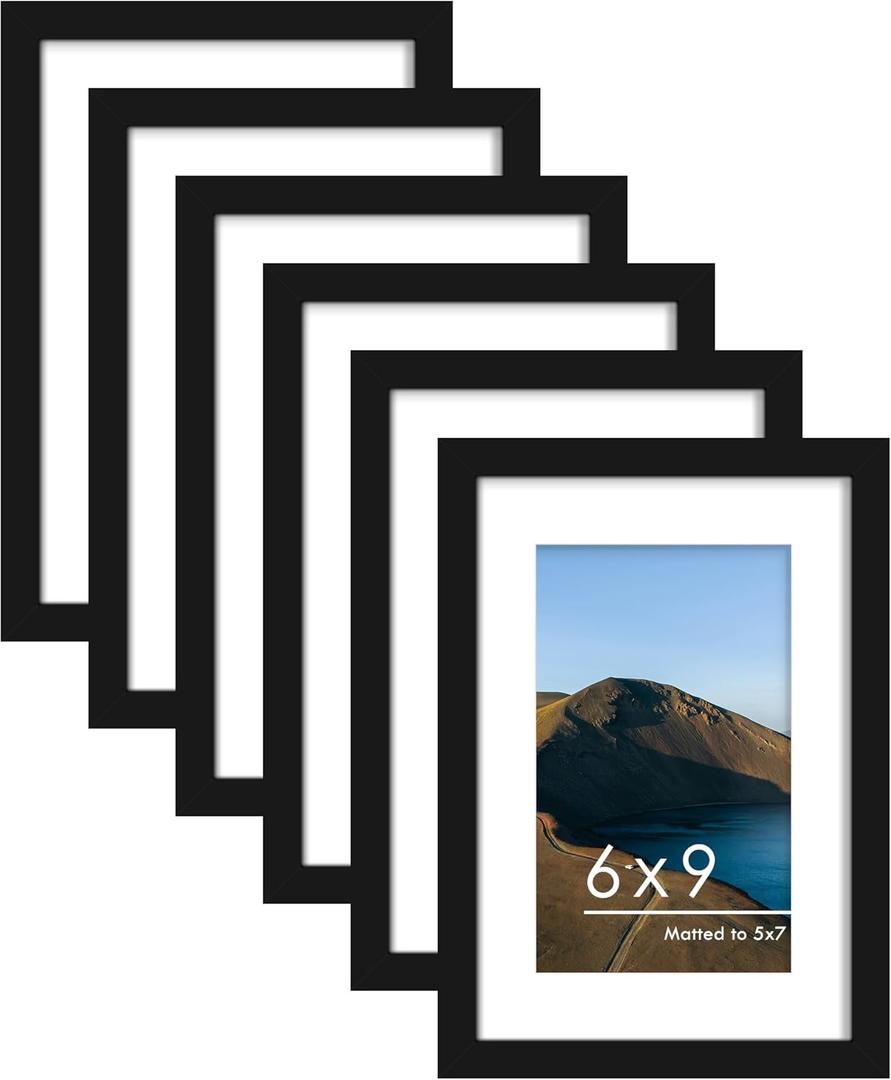 PEALSN 6x9 Picture Frames Set of 6, Display Pictures 4x6 with Mat or 6x9 without Mat for Wall Mounting or Table Top, Photo Frames Collage for Wall Decor, Black.