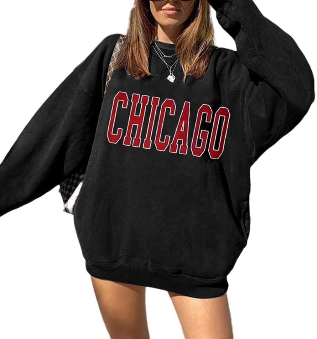 LilyCoco Women's Graphic Oversized Sweatshirt Long Sleeve Crewneck Pullover Top Chicago, Black, Large