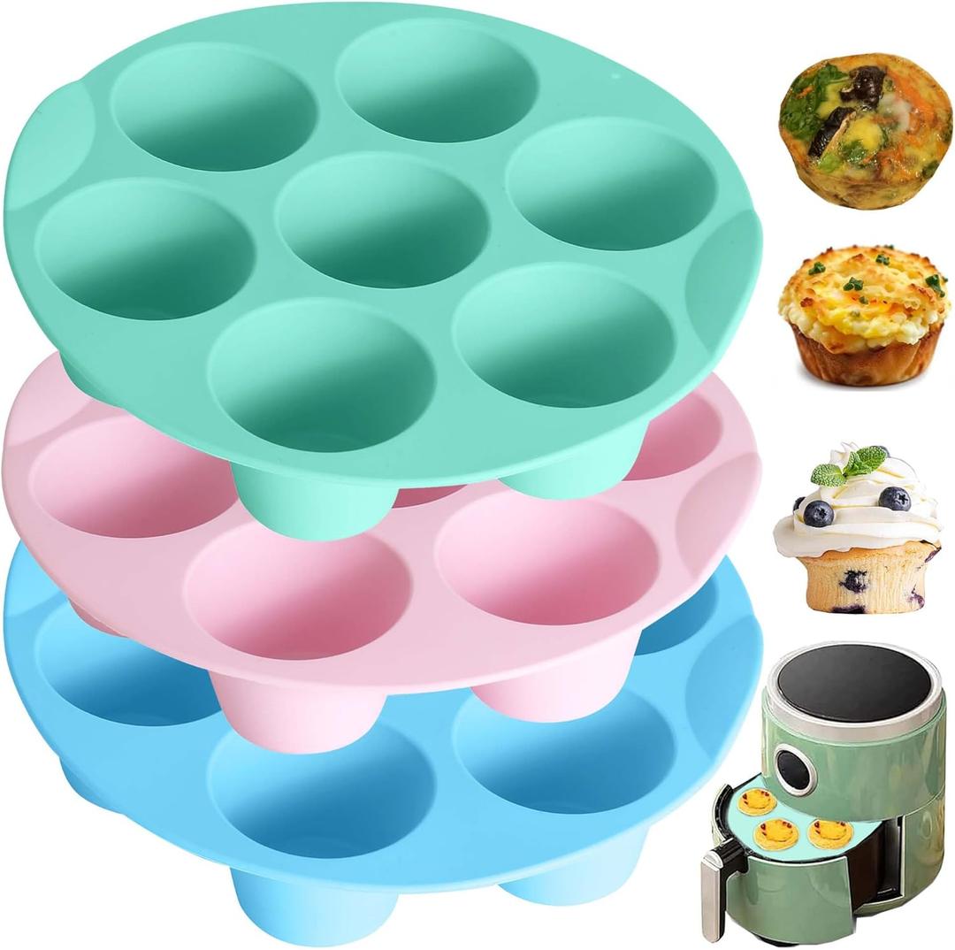 Silicone Egg Bite Molds, 3 Pack Silicone Muffin Pans for Air Fryer, Non-Stick 7 Cups Air Fryer Muffin Pan for Baking Egg Bite, Cupcake, Tart, Bread
