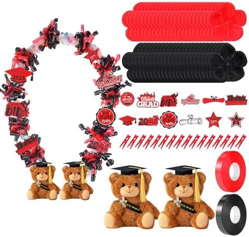 RoundFunny 82 Pcs 2025 Graduation Candy Leis Making Kit DIY Netting Tubing Stuffed Plush Bear Ribbon Grad Glitter Card Candy Lei for Graduation Congrats Party Supplies (Black, Red)