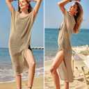 VOTEPRETTY Womens Two Piece Cover Ups Sets Crochet Beach Vacation Summer Swimwear Short Sleeve Outfits Split Knit Long Dress (Beige, S)