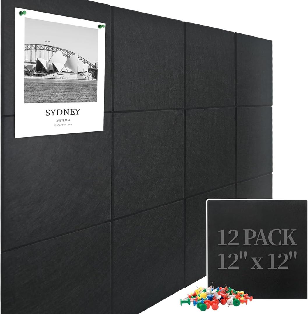 Large Cork Board Felt Wall Tiles, 47"x35" 12 Pack Felt Bulletin Board Pin Board with 48 Safe Removable Adhesive Tabs, 60 Push Pins, Alternative Cork Board for Walls Home Office (Black)