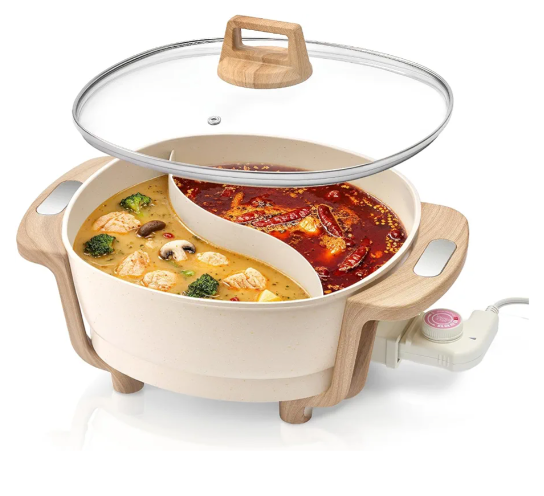 Hot Pot Electric Hot Pot with Divider, Large 6L Nonstick Dual-Sided Shabu Shabu Pot Dual-Flavor hotpot electric 1500W with Adjustable 5-Temperature Control ，Perfect for Family Dinners & Parties