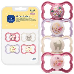 MAM Air Pacifier for Babies 6-16 Months, Extra Air Flow for Sensitive Skin, Glows in The Dark, Developed with Medical Experts, BPA-Free Skin Soft Silicone, 4 Count, Made in Europe