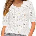 Womens Summer Crochet Cardigan Tops Short Sleeve Casual Knit Blouses Hollow Out Crew Neck Button Down Sweater Shirts (XL)