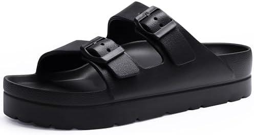 Goosecret Women's Platform Sandals with Arch Support, Chunky Lightweight Foam Slip on Slides, Comfortable Summer Beach Sandals with Adjustable Buckle, Size 37