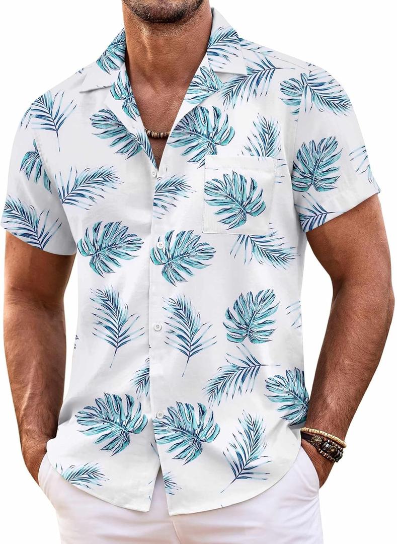 COOFANDY Mens Hawaiian Shirt Short Sleeve Floral Button Down Shirts Tropical Summer Beach Shirts Camp Collar Shirt (Large, White- Palm Leaf) COOFANDY Mens Hawaiian Shirt Short Sleeve Floral Button Down Shirts Tropical Summer Beach Shirts Camp Collar Shirt (Large, White- Palm Leaf)