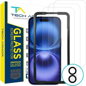 Tech Armor for iPhone 16 Screen Protector Glass 6.1 inch - Ballistic Tempered, Case Friendly, Sensor Protection, HD, 9H Hardness, 3 Pack + Bonus Camera Lens Protector