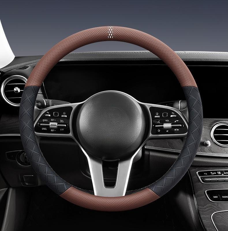 Ultra-Thin Napa Leather Steering Wheel Cover with 3D Anti-Slip Diamond Grip, Breathable Non-Bulky Design, Universal Fit 15 Inch for Cars & SUVs