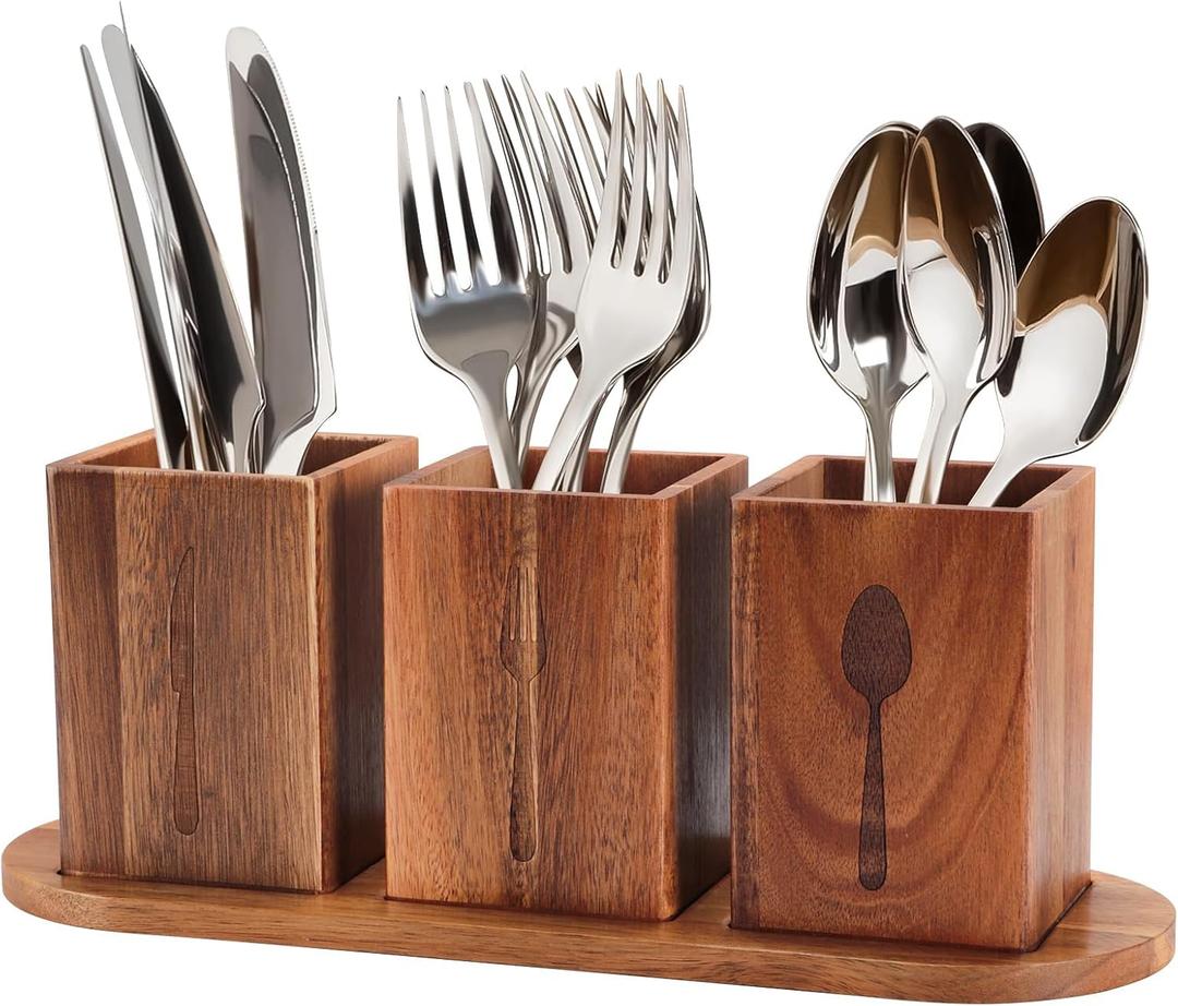 3 Pcs Acacia Wood Silverware Caddy,Utensil Holder for Countertop,Silverware Cutlery Holder for Patry,Flatware Organizers with Tray,Kitchen Utensil Caddy Organizer for Forks Spoons Knives