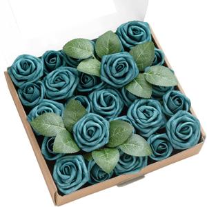 Ling's Moment Artificial Wedding Flowers 1.5" Rose Buds and 2" Petite Roses 25pcs Dark Teal w/Stem for DIY Wedding Boutonniere Wrist Corsages Bouquets Centerpieces Arrangements