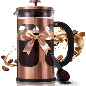 BAYKA 34oz 1 Liter French Press Coffee Maker, Mother's Day Gifts for Mom, Coffee Lover Gift, Heat Resistant Thickened Borosilicate Glass Stainless Steel Brewer, Cold Brew Cafeteria Teapot for Kitchen, Copper