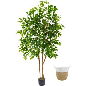 Artificial Ficus Tree, 6ft Tall Fake Ficus Tree with Basket, Faux Plant for Indoor Outdoor Home Livingroom Office Garden Porch Dcor