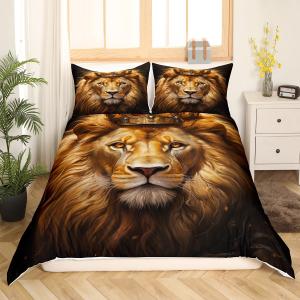 Feelyou King Lion Golden Bedding Set Wild Animal Painting Duvet Cover Set for Kids Boys Girls Soft Comforter Cover All Season Quilt Cover King Size (Golden Yellow)