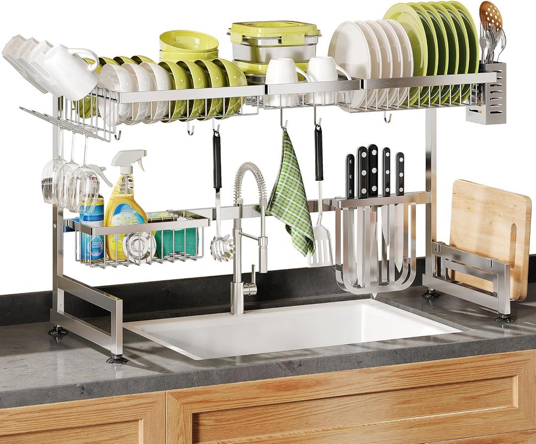 2 Tier Extra Large Stainless Steel Expandable Over The Sink Dish Drainer Drying Rack, Rust Proof Metal, Space Saving, Modern Silver Big Capacity Extendable Plate Strainers Above Kitchen Counter, Silver