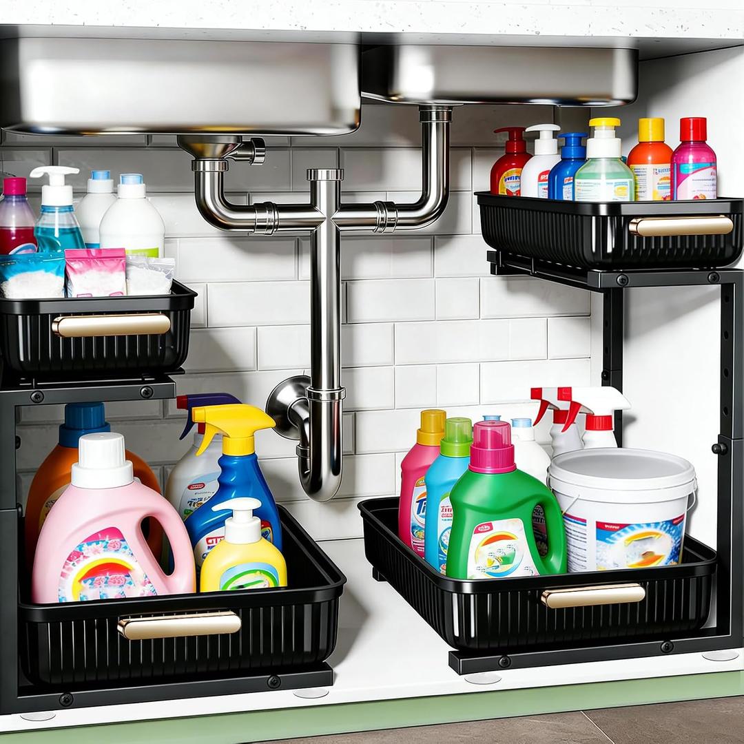 ARSTPEOE Under Sink Organizer - 2 Packs Multi-Purpose Pull-Out Storage Organizers, Slide out Pull out Metal Cabinet Organizer Shelf, Storage for Kitchen Bathroom, Black