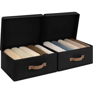 StorageWorks Fabric Storage Bins with Lid, Decorative Storage Boxes for Shelves, Stackable Closet Organizer and Storage Basket with Handle, Black, 2-Pack