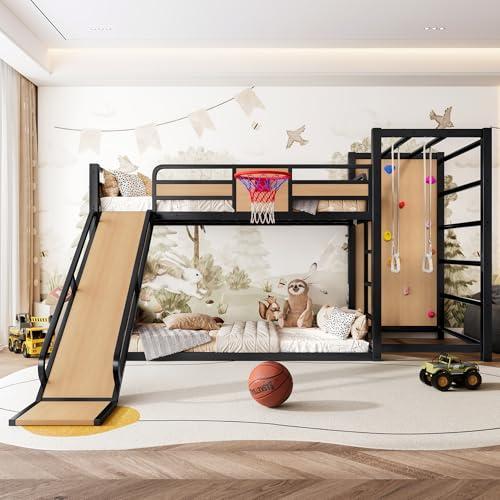 Bellemave Twin Size Bunk Bed with Basketball Hoop, Pull-up Rings and Climbing Wall, Twin Bunk Bed with Slide and Bookcase, Heavy Duty Bunk Beds with Guardrail, Natural