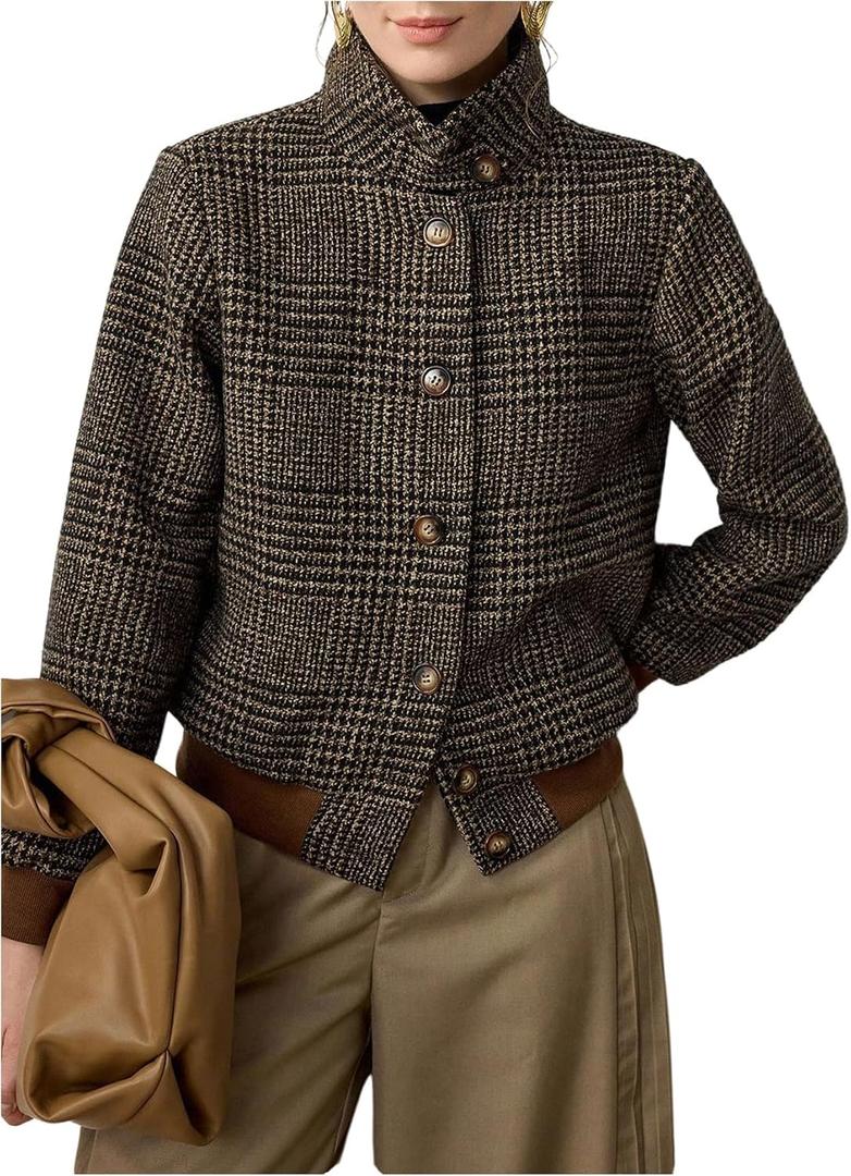 SOLY HUX Women's Elegant Jackets Plaid Button Down Blazer Casual Outerwear (Brown, M)