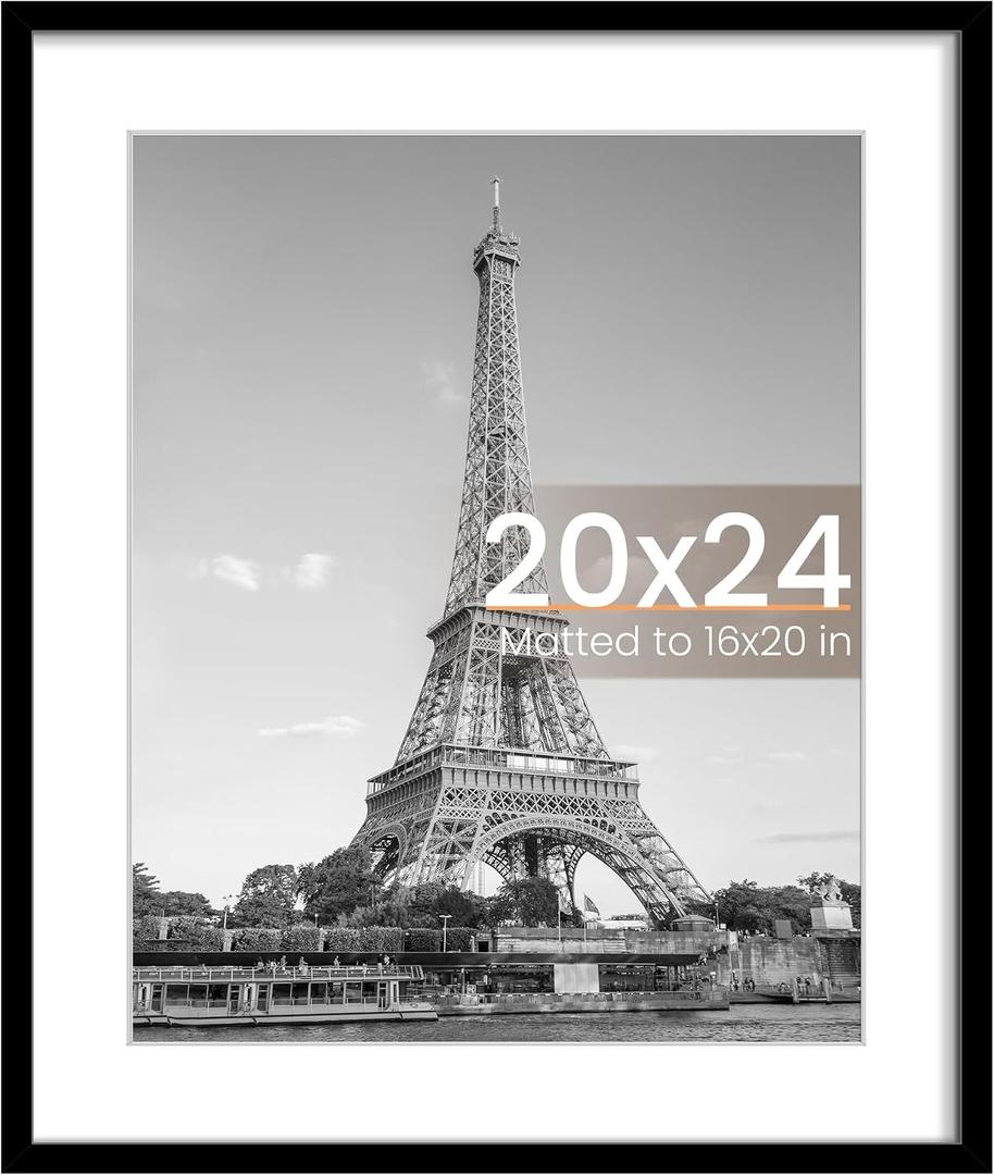 Upsimples 20x24 Picture Frame, Display Pictures 16x20 with Mat or 20 x 24 Without, Wall Hanging Poster Frames, Black, 1 Pack