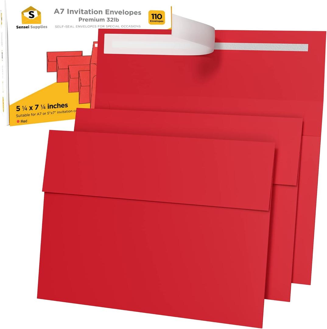 110 5x7 Red Invitation Envelopes - for 5x7 Cards - A7 - (5  x 7  inches) - Perfect for Weddings, Graduations, Baby Showers - 120 GSM - 32lb/80lb Text - Peel, Press & Self Seal - Square Flap (110 - Single Pack)