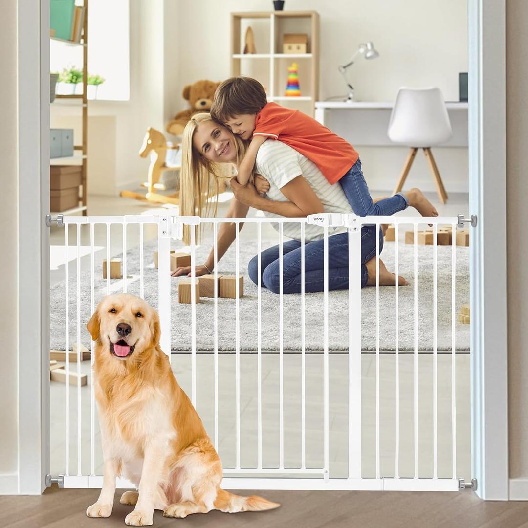 keny 29"-47.3" Extra Wide Baby Gate for Stairs, Auto Close Safety Dog Gate, Pressure Mounted No Drilling Pet Gate for Doorways, Easy Walk Through Stair Gate for Kids Todder, 30" Tall, White