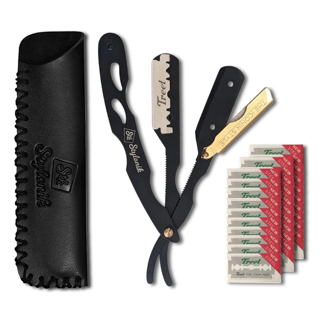 Professional Straight Edge Barber Razor  60 Single/30 Double-Sided Stainless Steel Blades for Men & Women, with Leather Case (Gold)