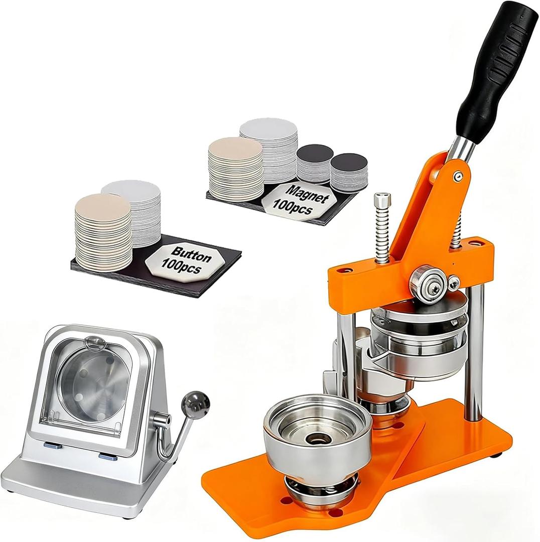 1/1.25/2.28in Round Fridge Magnet Maker Machine, Button Maker Press Kit with Photo Cutter + 100 Set Magnet + 100 Set Pin Materials+ Sheets of Photo Paper Orange 1in
