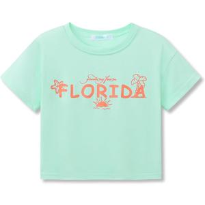 Dvenki Girls Graphics Crop Short Sleeve Crewneck Tee Size 6 | soft cotton blend fabric, cropped short hem, fun graphic print, casual summer tops for school and vacation