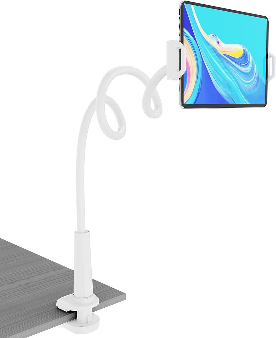 MAGIPEA Gooseneck Tablet Holder for Bed, Flexible Tablet Stand Holder with 360 Adjustable, Hands Free Tablet Mount Clip, Compatible with iPad/Kindle/Switch/Galaxy Tabs, More 4.7-13" Devices (White)