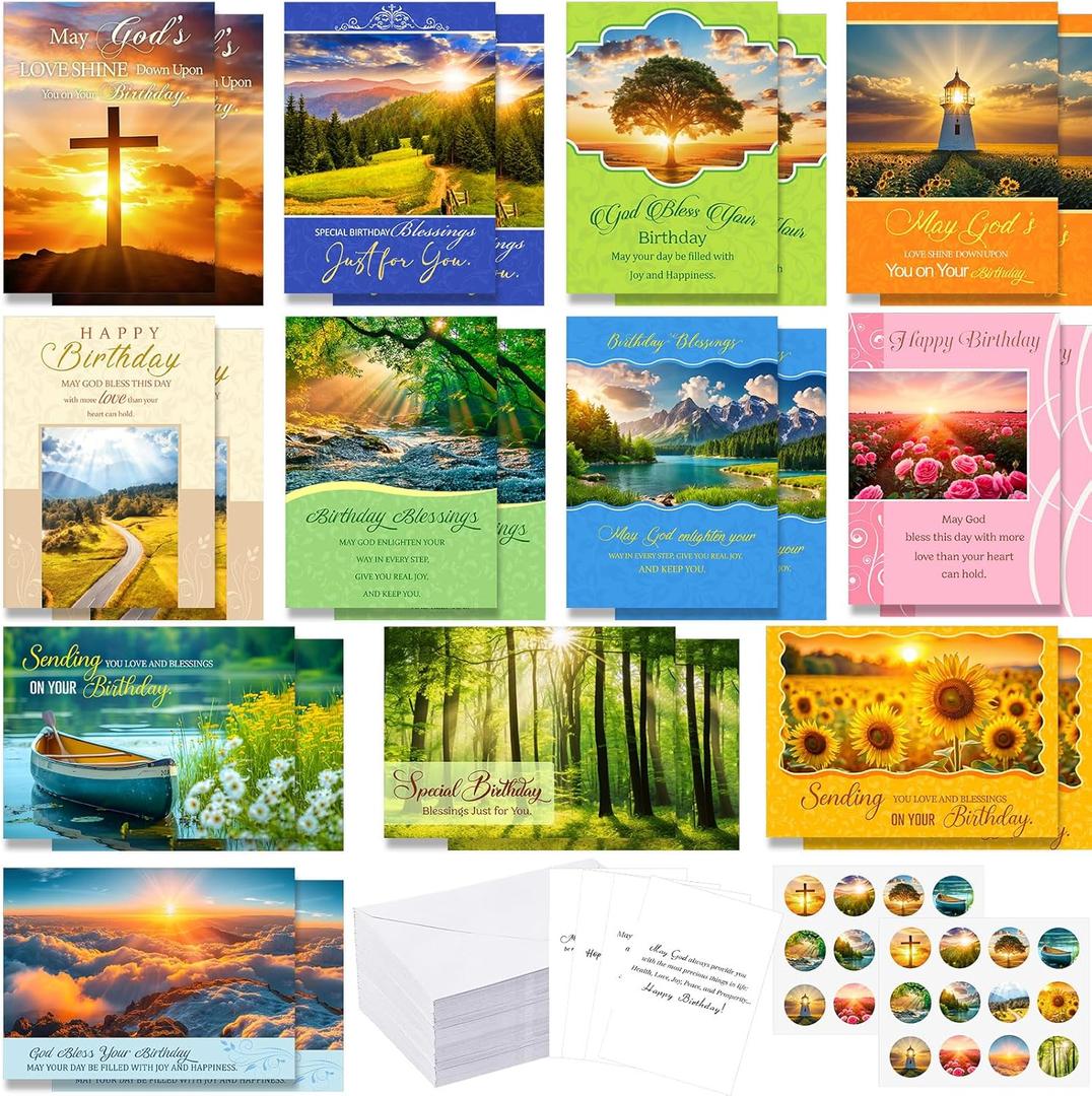 Gersoniel 24 Pack Religious Christian Birthday Cards Bulk with Scripture Bible Verse Christian Blessings 4.5 x 6.2 inch Religious Birthday Cards with Envelopes and Stickers(Landscape Style)