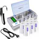 6 Packs D Rechargeble Batteries with Charger for C D 9V AA AAA BatteryDischarge Function3 Batteries Box and Car Charger Cable