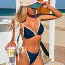 ZAFUL Womens Triangle Color Block Bikini Set 2 Piece Bathing Suits String Swimsuit Cheeky Thong Bottom Beach Resort Swimwear (Blue, S)