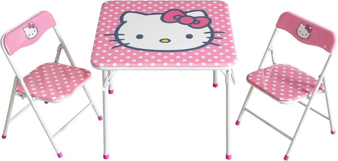 Hello Kitty Kids Activity Table and Chair Set, 3-Piece Square Table with 2 Folding Chairs, Sanrio Character Design,Furniture Set for Ages 3+