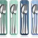 Yinkin 4 Pack Portable Travel Utensils Set with Case Reusable Stainless Steel Silverware Flatware Camping Cutlery Include Fork Spoon Knife for Work School Dishwasher Safe(Blue Color Series)