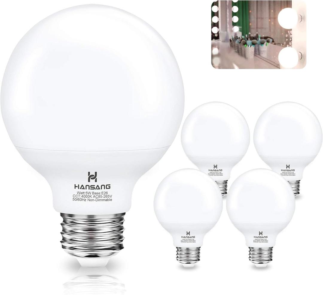 hansang G25 LED Light Bulbs Uniform Lighting Vanity Light Globe Bulbs, 4000K Natural Daylight High CRI Bathroom Mirror Light Bulbs E26 Base for Bathroom Bedroom Makeup Mirror Not-Dimmable 4 Pack