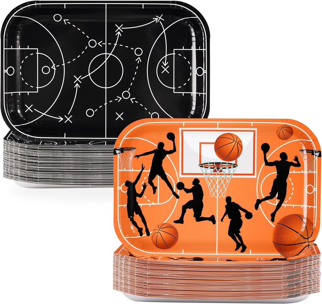 50Pcs Basketball Party Decorations 10" x 6.5" Sports Themed Paper Plates Disposable Orange and Black Sport Plates for Boys Men Basketball Birthday Party Supplies