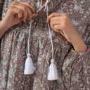 Taupe Hand Block Printed Boho Cotton Midi Dress for Women, Floral Print Maternity-Friendly Summer Tunic with Tassel & Pockets Beige, Size: Small