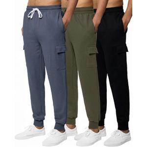 3 Pack: Men's Cotton Fleece Cargo Jogger Sweatpants with Pockets (L)