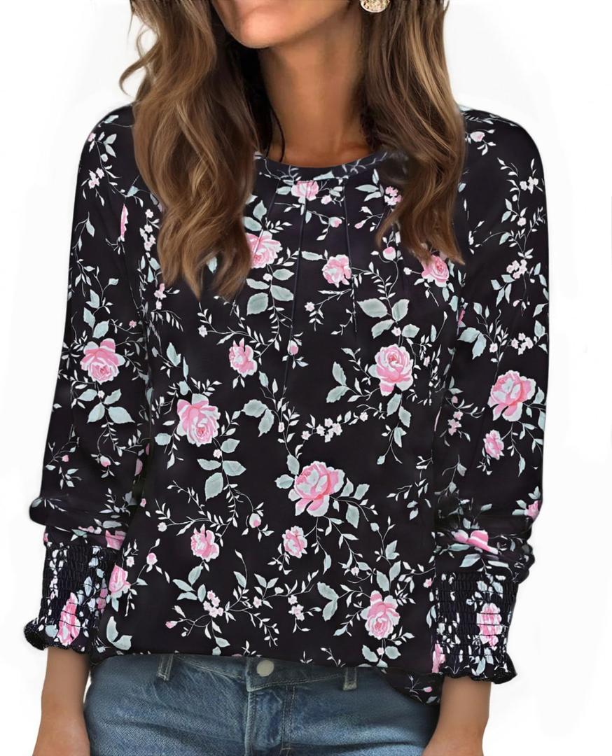 Uhiger Tunic Tops to Wear with Leggings Work Blouses for Women Busines Casual Long Sleeve Shirts Crewneck Ladies Spring Pullover Formal Evening Outfit Interview Clothes Black Pink Floral XL (Black, XL)