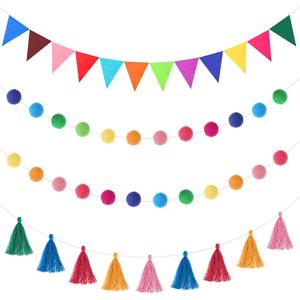 Irenare 9.8 ft Pom Pom Garland Felt Rainbow Garland 2026 Graduation Party Decoration Colorful Pennant Tassel Banner Back to School Birthday Triangle Banner for Classroom School Mantel(Multicolor)
