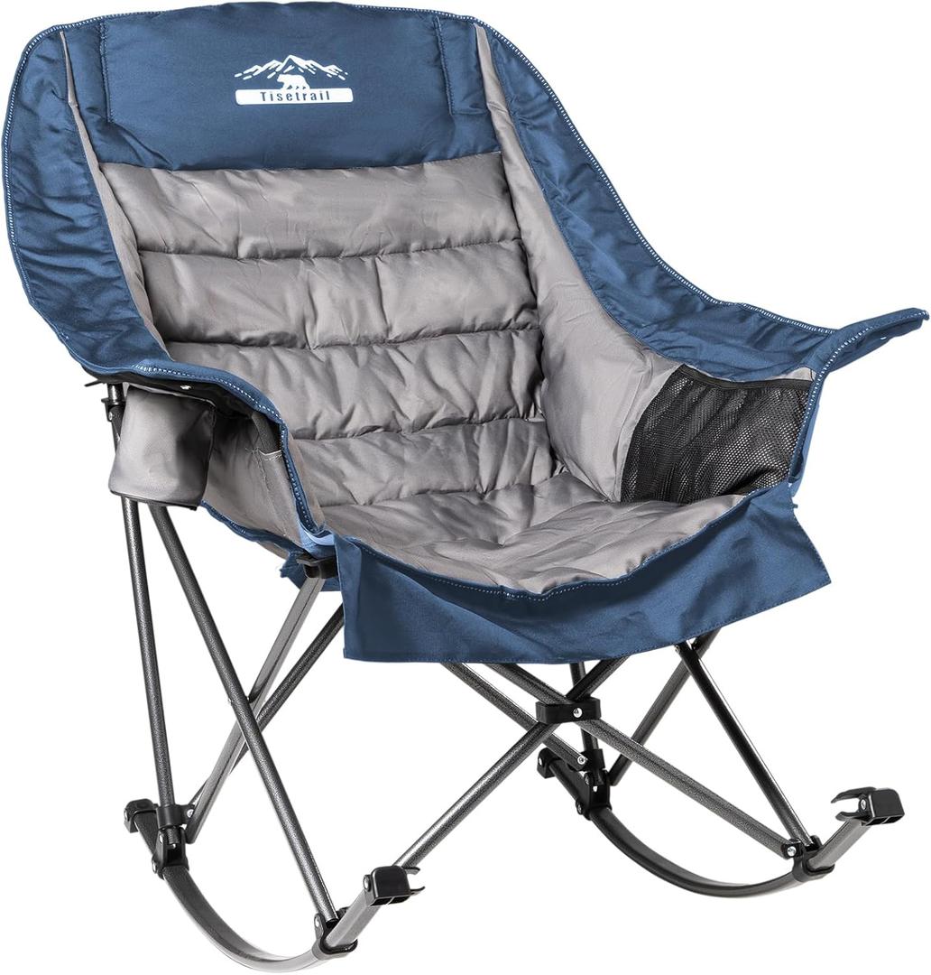 Oversized Rocking Camping Chair, Fully Padded Camp Chairs for Adults with Side Pocket and Cup Holder, Heavy-Duty 400lbs Capacity, Blue & Gray (X-Large/1 PACK)