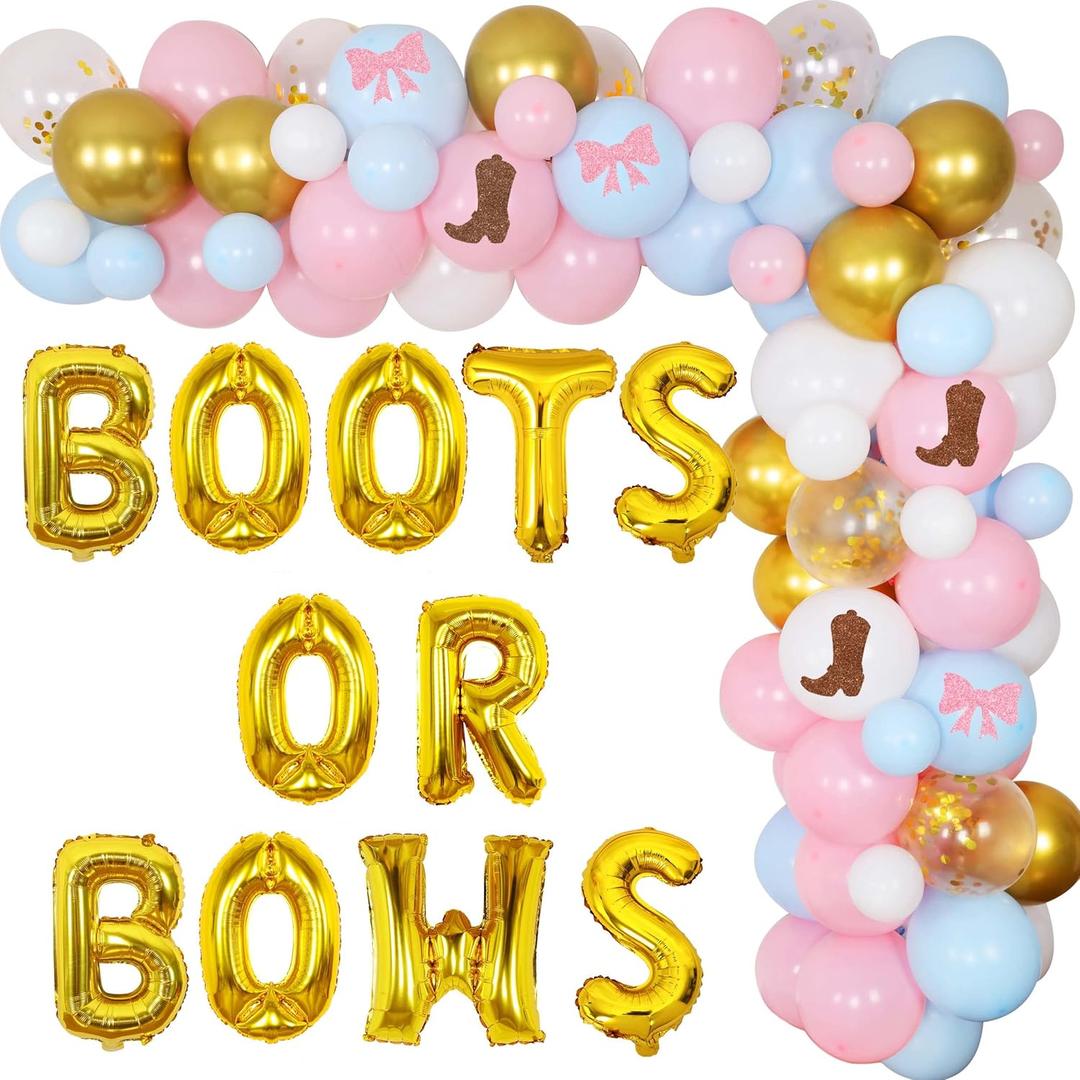 Cheereveal Boots or Bows Gender Reveal Decorations, Western Cowboy or Cowgirl Baby Shower Decorations Pink and Blue Balloon Arch Garland Kit for Cowboy Boots Lace Party Supplies