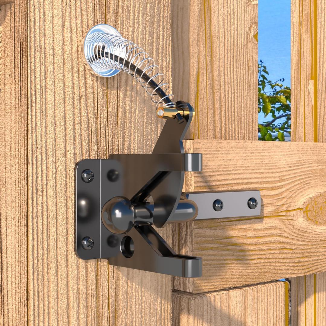 4Pack Gate Latch with Spring Cable Pull for Fence Gate - Carbon Steel - Black,Self Locking Fence Gate Latch,Gate Latch for Wooden Fence,Fence Door Latch (4, Black)